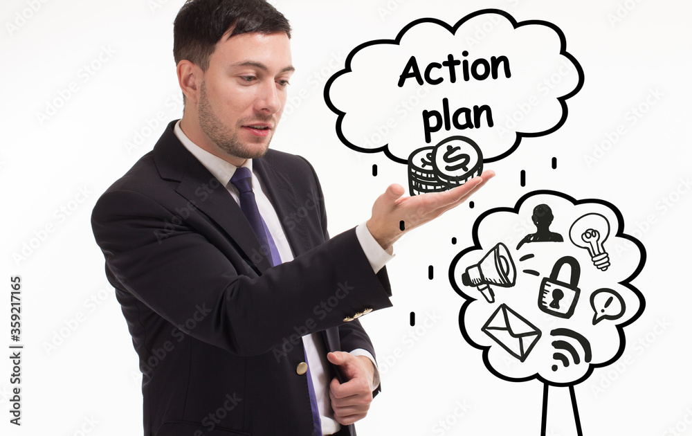 Business, technology, internet and network concept. Young businessman thinks over the steps for successful growth: Action plan Business, technology, internet and network concept. Young businessman thinks over the steps for successful growth: Action plan