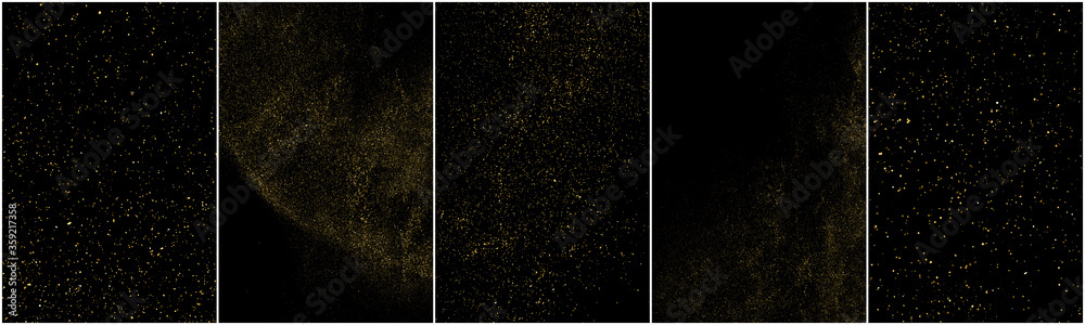Fototapeta premium Set of Gold Glitter Texture Isolated on Black Background. Golden stardust. Amber Particles Color. Sparkles Rain. Vector Illustration, Eps 10.