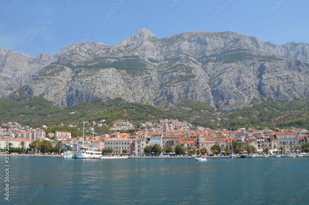 Panoramic view of the Croatian town of Makarska on a summer day.