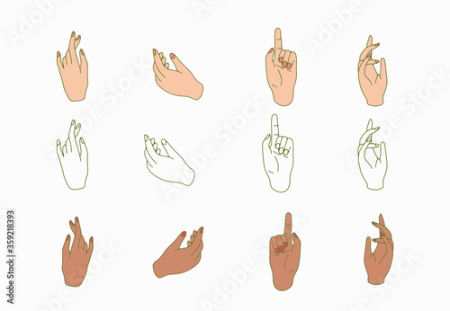 hand drawn hand icons in simple minimalistic line art style. logo elements illustrations for graphic design, logos and branding, social media icons. hand poses, pointing, holding, reaching, grasping.