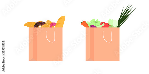 Bag paper grocery illustration; shopping package vector product collection; vegetables and bakery