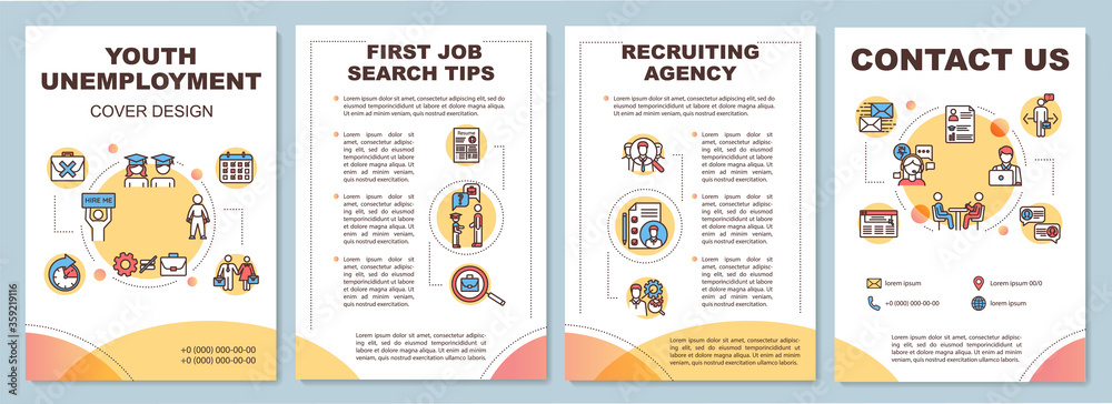 Youth unemployment brochure template. Recruitment agency flyer, booklet, leaflet print, cover design with linear icons. Vector layouts for magazines, annual reports, advertising posters