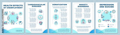 Health effects of unemployment brochure template. Healthcare risks. Flyer, booklet, leaflet print, cover design with linear icons. Vector layouts for magazines, annual reports, advertising posters