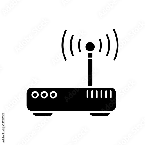 Gateway black glyph icon. Tunnel proxy server, wireless internet connection access point silhouette symbol on white space. Device for user traffic routing. Wi fi router vector isolated illustration