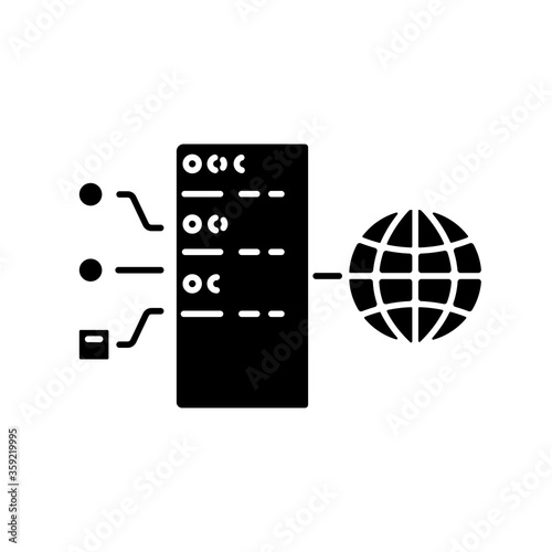 Transparent proxy black glyph icon. Intercepting, inline or forced VPS. Gateway internet connection silhouette symbol on white space. Proxy server hidden from user. Vector isolated illustration