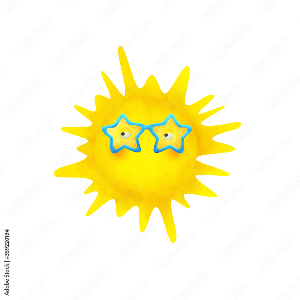 Cartoon bright sun in sun glasses. Illustration in kids style. Clip art, sticker on white background