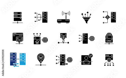 Proxy server black glyph icons set on white space. Internet data access, virtual connection, cybersecurity silhouette symbols. Different VPS network structure types. Vector isolated illustration