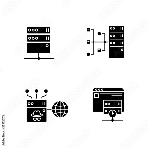 Internet accessibility black glyph icons set on white space. Secure access, protection bypassing service silhouette symbols. Safe and anonymous proxy server technologies. Vector isolated illustration