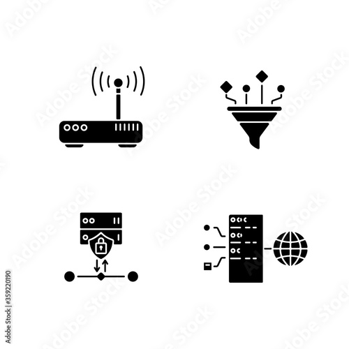 Cybersecurity black glyph icons set on white space. Gateway, content filtering, SSL encryption and transparent proxy silhouette symbols. Internet security technologies. Vector isolated illustration
