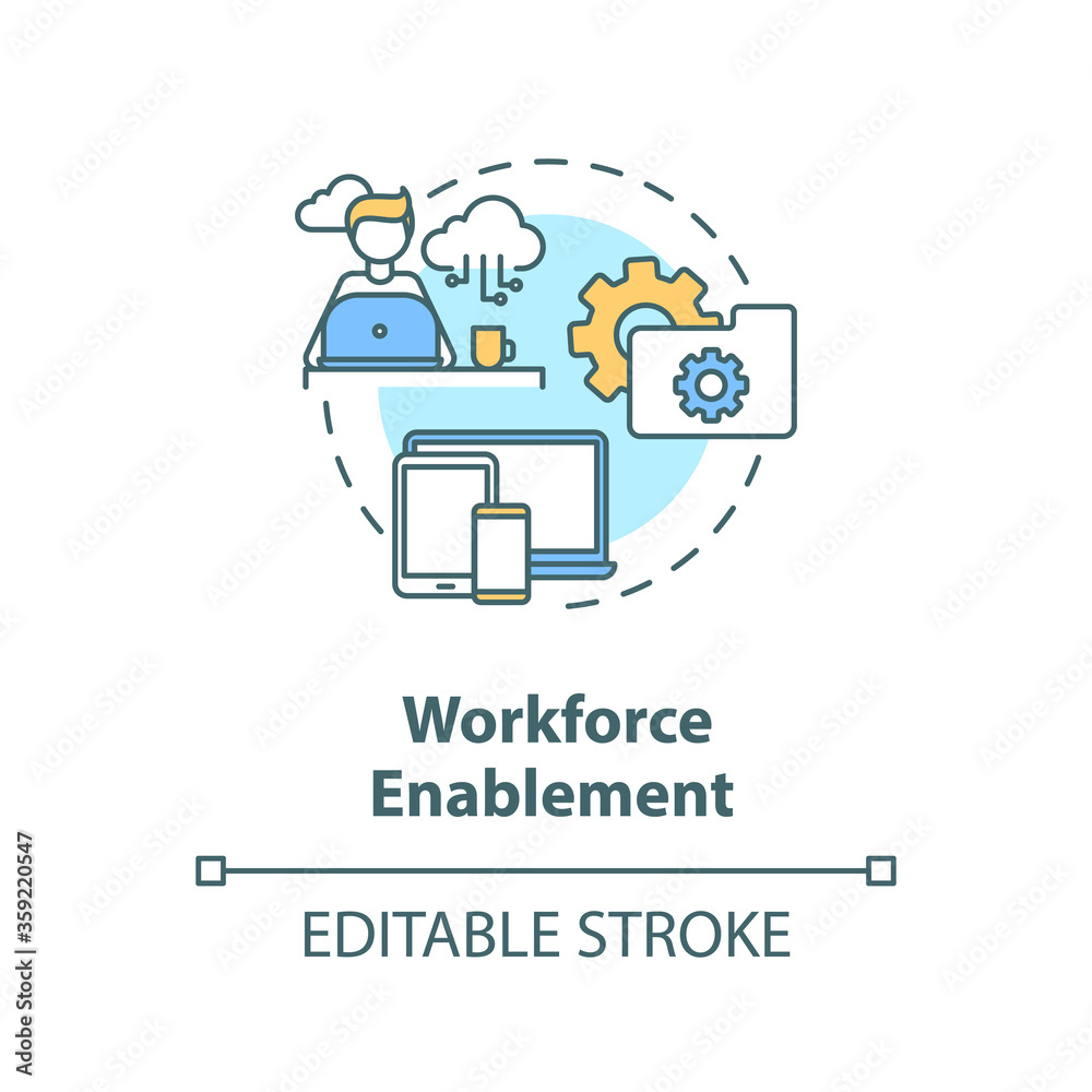 Workforce enablement concept icon. Digital workspace for IT department employee. Improve customer satisfaction idea thin line illustration. Vector isolated outline RGB color drawing. Editable stroke
