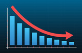 Arrow pointing downwards showing crisis. Stock or financial market crash with a graph and a red arrow on a blue background.