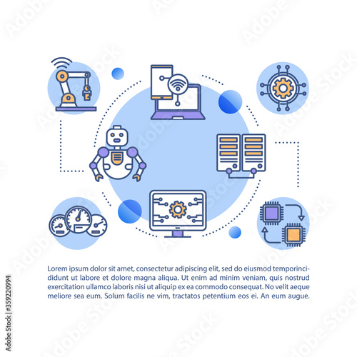 Technology implementation concept icon with text. Digital transformation. Software innovation PPT page vector template. Brochure, magazine, booklet design element with linear illustrations