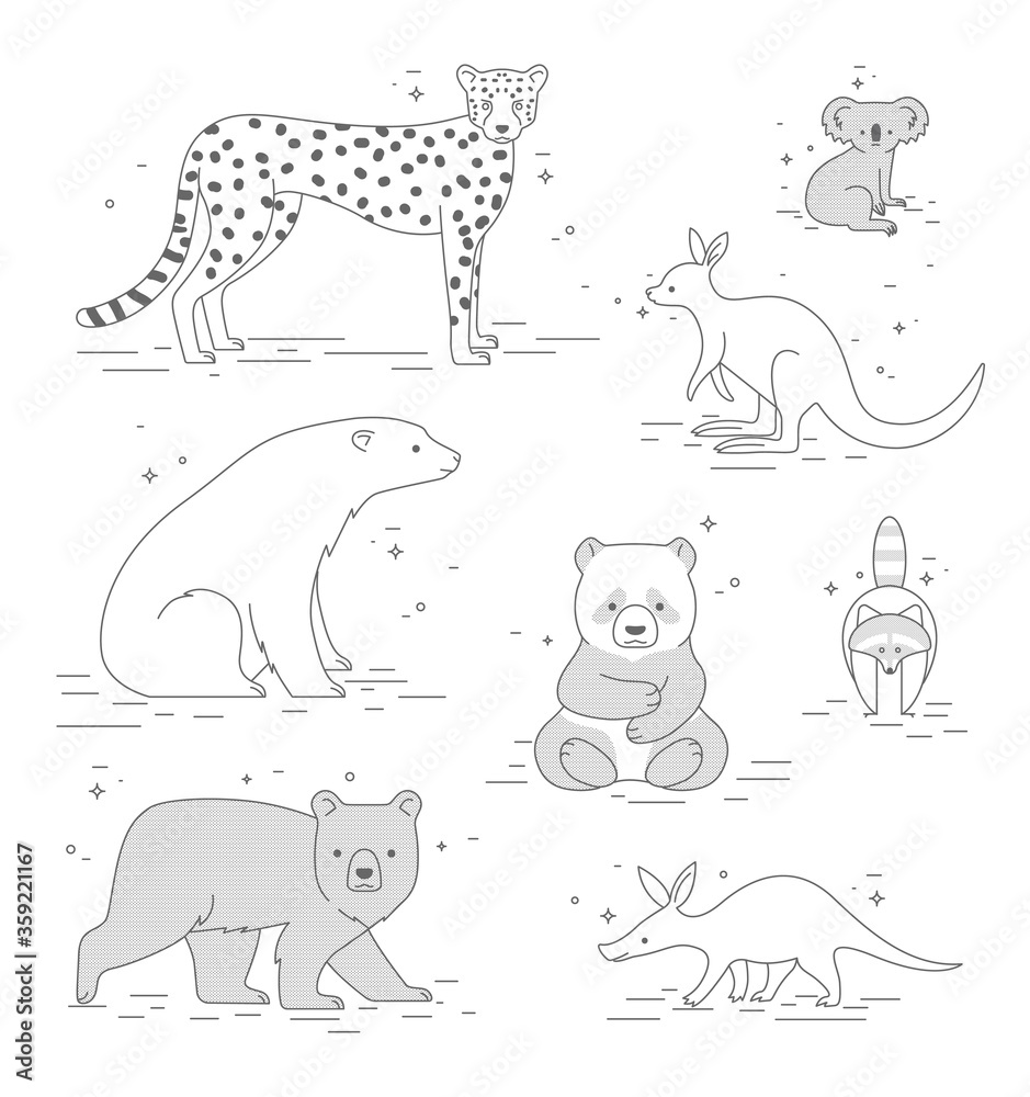 Vector set with black and white animals. Icon set of cute mammals in children's style. Line art design for laser cutting or decor in one color. Vector set with black and white animals. Icon set of cute mammals in children's style. Line art design for laser cutting or decor in one color.