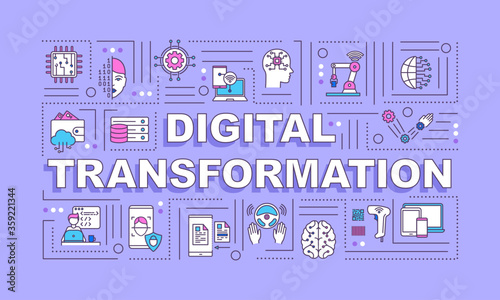 Digital transformation word concepts banner. Integration of artificial intelligence. Infographics with linear icons on purple background. Isolated typography. Vector outline RGB color illustration
