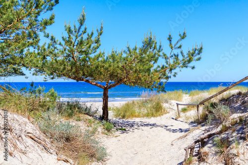 Entrance to beautiful white sand beach with dunes and blue sea near Kolobrzeg, Baltic Sea coast, Poland