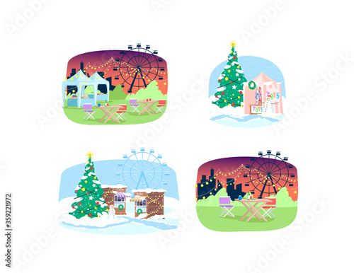 Street fair semi flat vector illustrations set. Amusement park carnival and christmas festive market with kiosks. Summer and winter festival 2D cartoon backgrounds pack for commercial use