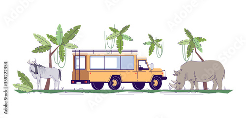 Safari observation semi flat RGB color vector illustration. Jungle exploration. Tour to savannah. Tropical forest trip on transport. Truck isolated cartoon object on white background