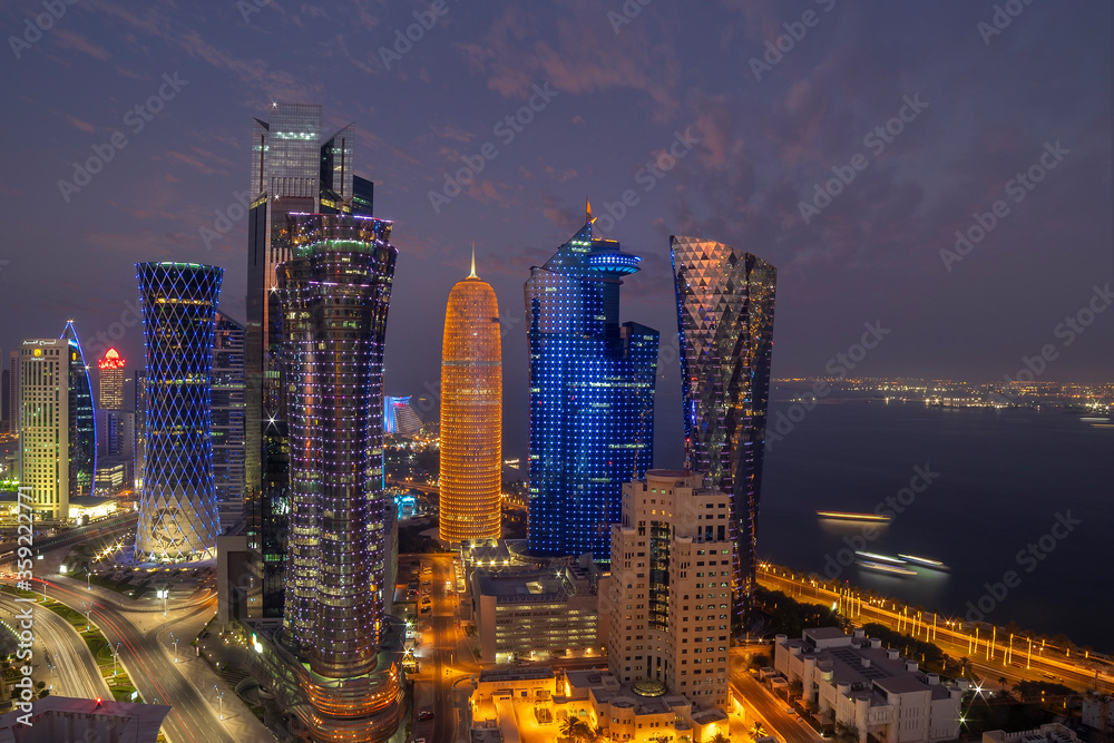 Beautiful Cityscape View of West bay Corniche Area at sunset time