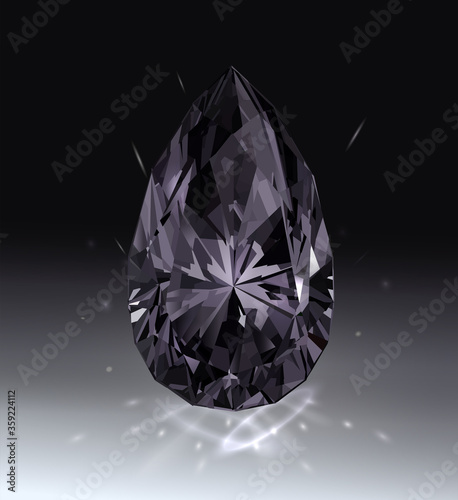 Precious black stone obsidian isolated on dark background. Vector illustration.