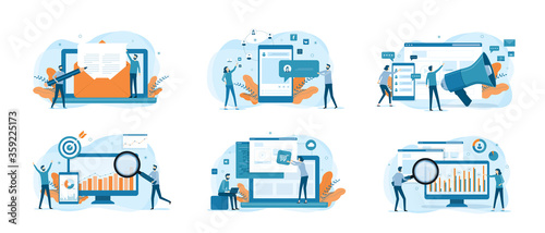 Flat illustration concept design bundle set digital marketing process with people business team working and design for web banner ,  email marketing  web analytics  social network  page promotion