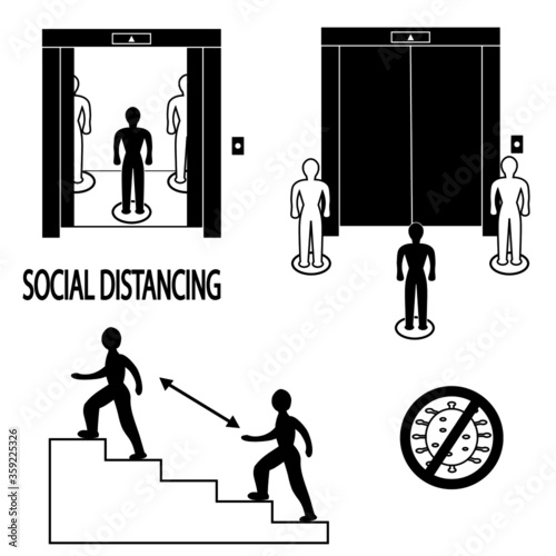 Keep a social distance while using the elevators and ladders. Important during pandemic. Set of black and white pictures.