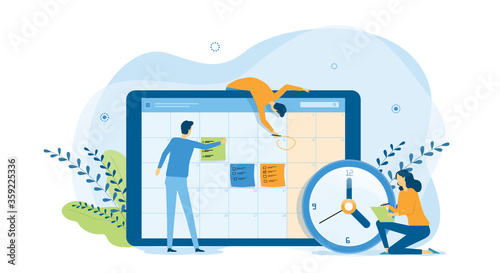 flat design concept people team working for business schedule planning with online calendar 
and vector illustration design for web landing banner background concept  
