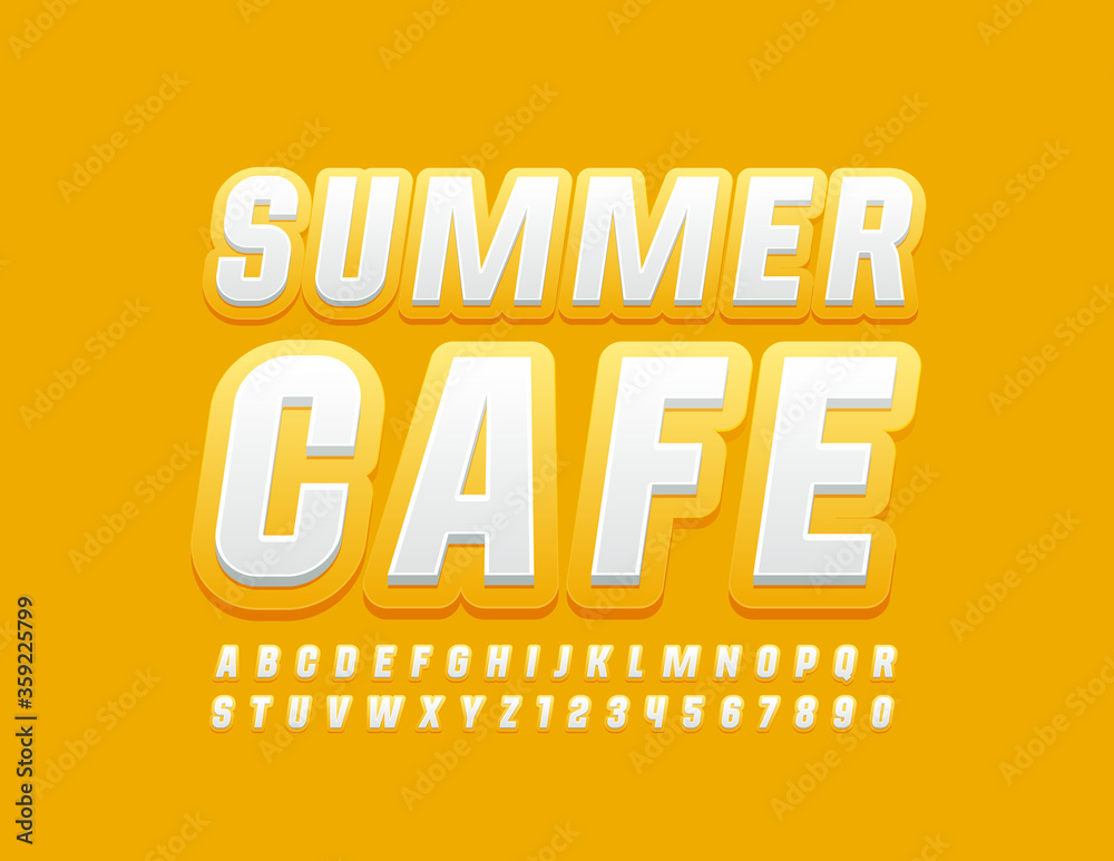 Vector stylish Emblem Summer Cafe. Yellow and White Font for Marketing design. Creatve Alphabet Letters and Numbers. 