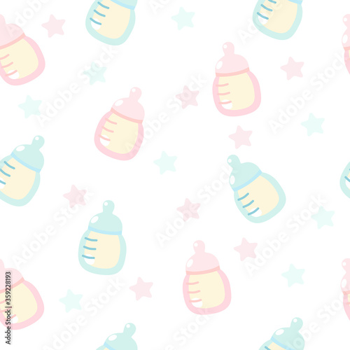 Seamless endless pattern of pink and blue feeding bottles on white background. Delicate pastel pattern for children's textiles, newborns, children of the first year of life.