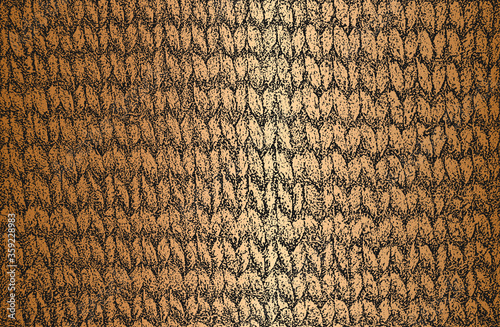 Distressed overlay texture of golden weaving fabric, ornamental knitted sweater, plait, jersey, pullover. grunge background.