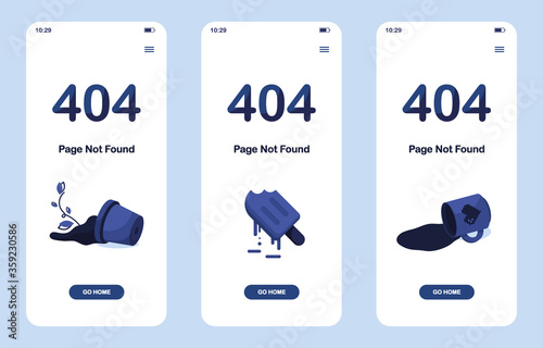 Set 404 error page not found banner. Mobile version. Shattered pot with flower. Melting ice cream or frozen juice. Spilled cup of tea or coffee. For website. Web Template. Blue. Eps 10