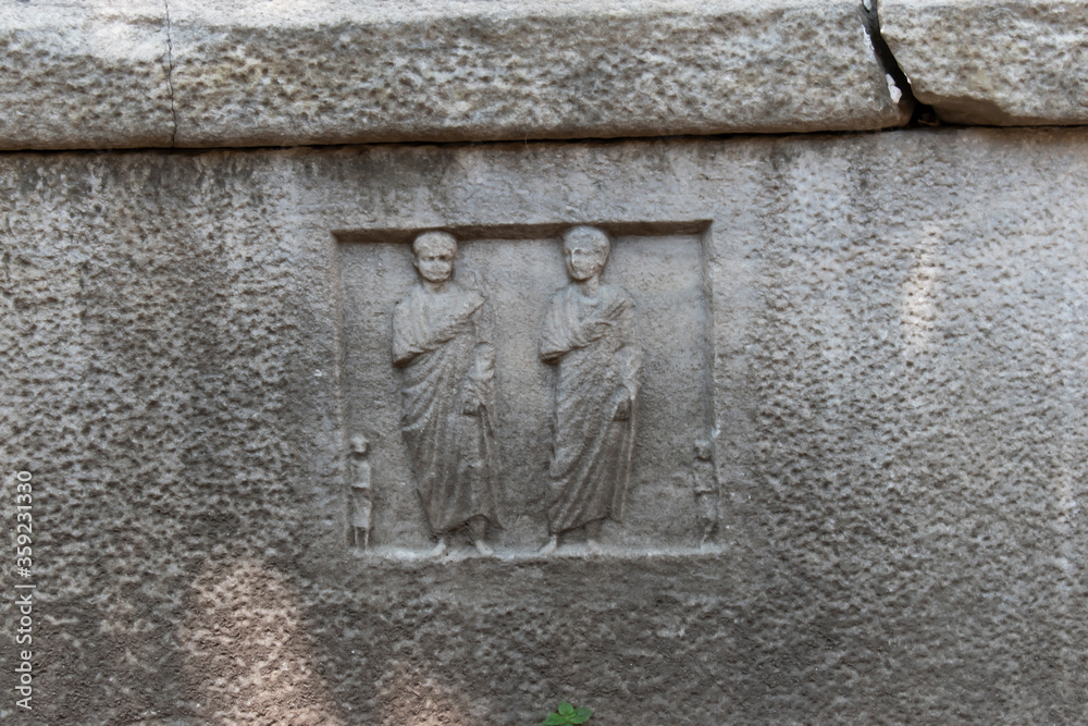 The sarcophagus of the Eastern Roman Empire and Byzantine Period with two male figures on it