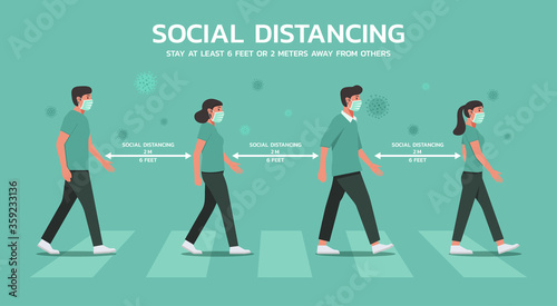 group of people crossing crosswalk and maintain social distancing to prevent virus transmission, new normal life, character vector flat illustration