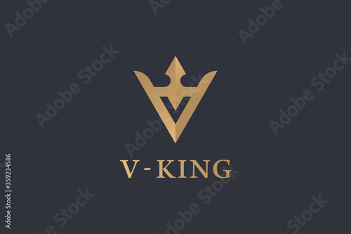 Initial Letter V Logo. Gold Geometric Shape V Letter with Crown Icon Combination isolated on Luxury Background. Usable for Business and Branding Logos. Flat Vector Logo Design Template Element.