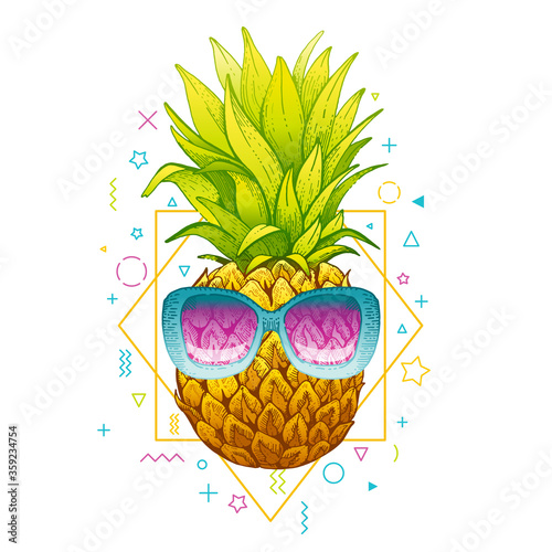 Pineapple in sunglasses. Vector Memphis summer art. Tropical illustration on geometric 80th background. Hipster ananas fruit in cool funny glasses. Music cover, t shirt print, luau party invite design