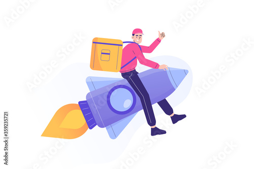Express delivery concept. Delivery man or courier guy flying on a jet rocket with urgent order with big bag. Express delivery service. Isolated modern vector illustration