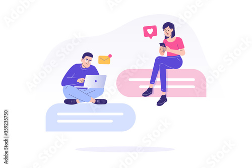 Social media concept. Young people sitting on chat bubble and talking. Isolated flat vector illustration