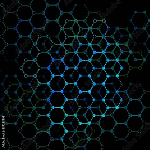 Aromatic and benzene rings molecules, organic chemistry blue hexagons molecular background photo