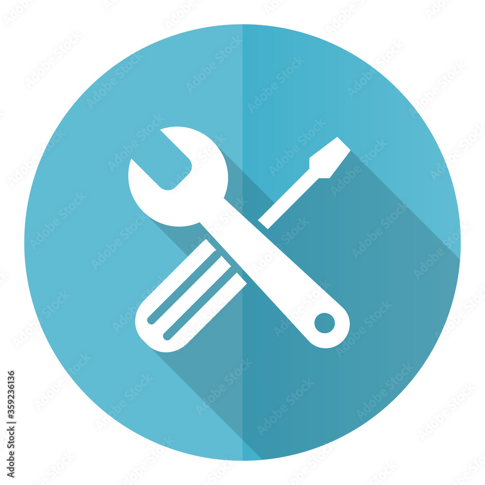 Tools vector icon, flat design blue round web button isolated on white background Tools vector icon, flat design blue round web button isolated on white background
