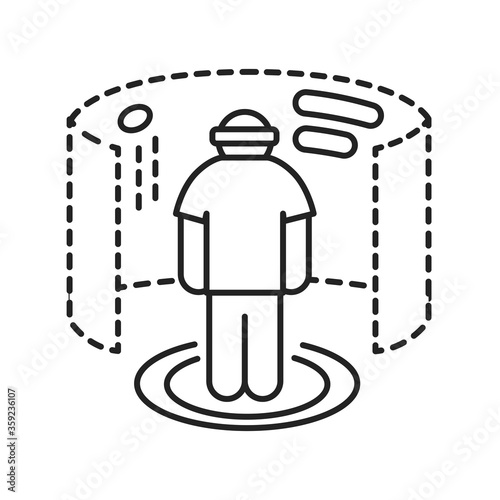 Virtual reality gaming black line icon. Man in VR helmet gaming on platform. Cyberspace, simulation, interactive. Pictogram for web page, mobile app. UI UX GUI design element. Editable stroke.