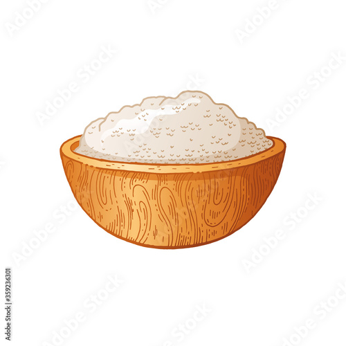 Wooden bowl with food - sketch flour, rice, sea salt, spice, potato, oat, sugar, porridge, strach. Doodle hand drawn vector illustration, vintage drawing isolated on white background