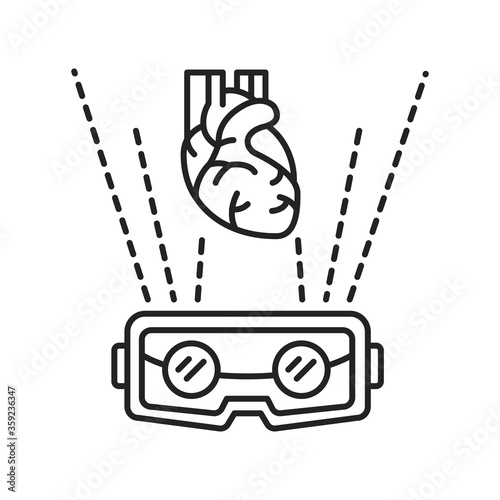 VR cardiac surgery black line icon. Virtual reality in medicine. Pictogram for web page, mobile app, promo. UI UX GUI design element. Editable stroke