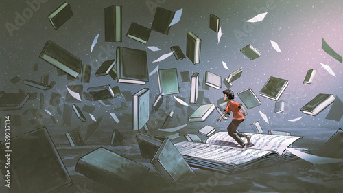 boy standing on the opened book and looking at other books floating in the air, digital art style, illustration painting
