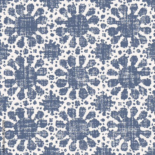 Seamless grunge pattern in french blue linen shabby chic style. Farmhouse style home decor all over print. Hand drawn floral distressed damask texture background. 