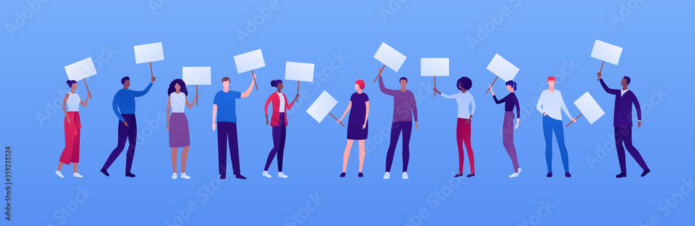 Student people protest concept. Vector flat person illustration set. Male and female adult holding blank placard. African american and caucasian ethnic. Design element for banner, inforgraphic, web. Student people protest concept. Vector flat person illustration set. Male and female adult holding blank placard. African american and caucasian ethnic. Design element for banner, inforgraphic, web.