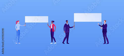Student people protest concept. Vector flat person illustration set. Young adult businessman hold blank placard. African american and caucasian ethnic. Design element for banner, inforgraphic, web.