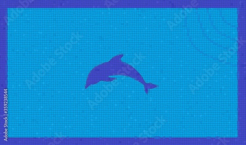 Ilustración de fondo de piscina de color celeste, escaleras en una esquina y un delfín de color azul en el centro con efecto de agua y textura de gresite