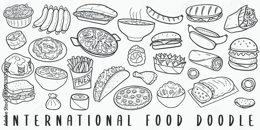 International Famous Food Doodle Line Art Illustration. Hand Drawn Vector Clip Art. Banner Set Logos. International Famous Food Doodle Line Art Illustration. Hand Drawn Vector Clip Art. Banner Set Logos.