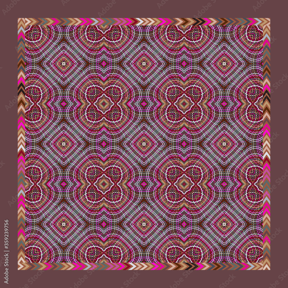 Abstract decorative pattern with geometric shapes and colorful lines.  Square design element can be used for backgrounds, textile, wallpapers, gift wrapping, pillow, templates, shawl and tile. Vector