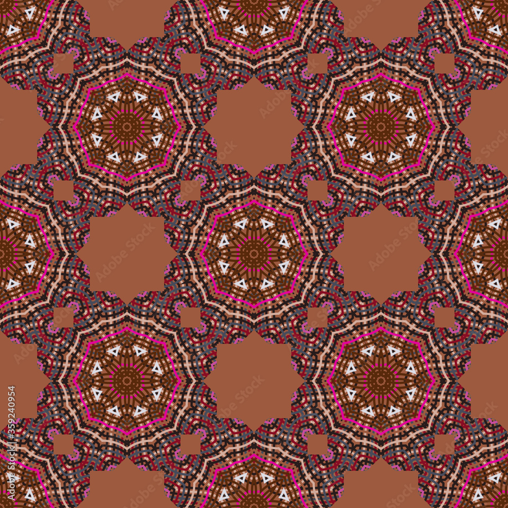 Decorative seamless pattern in ethnic style with geometric shapes and colorful lines. Abstract background for textile, wallpapers, gift wrapping, pillow, templates, shawl. Vector.