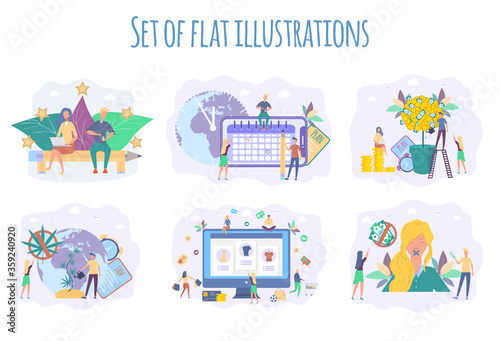 Set illustration. Little people water the money tree. Prohibition of trafficking in persons. Clogged mouth in a woman. Business Planning and Schedule. Best performance rating